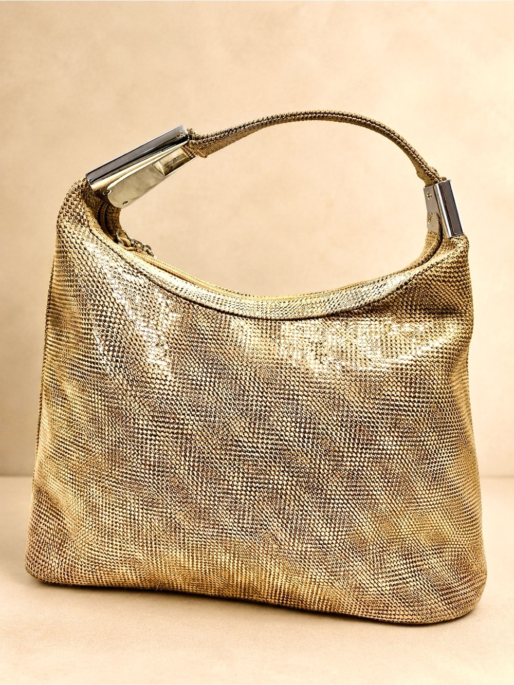 Vintage Stuart Weitzman Metallic Gold Glossy Suede Hobo Bag